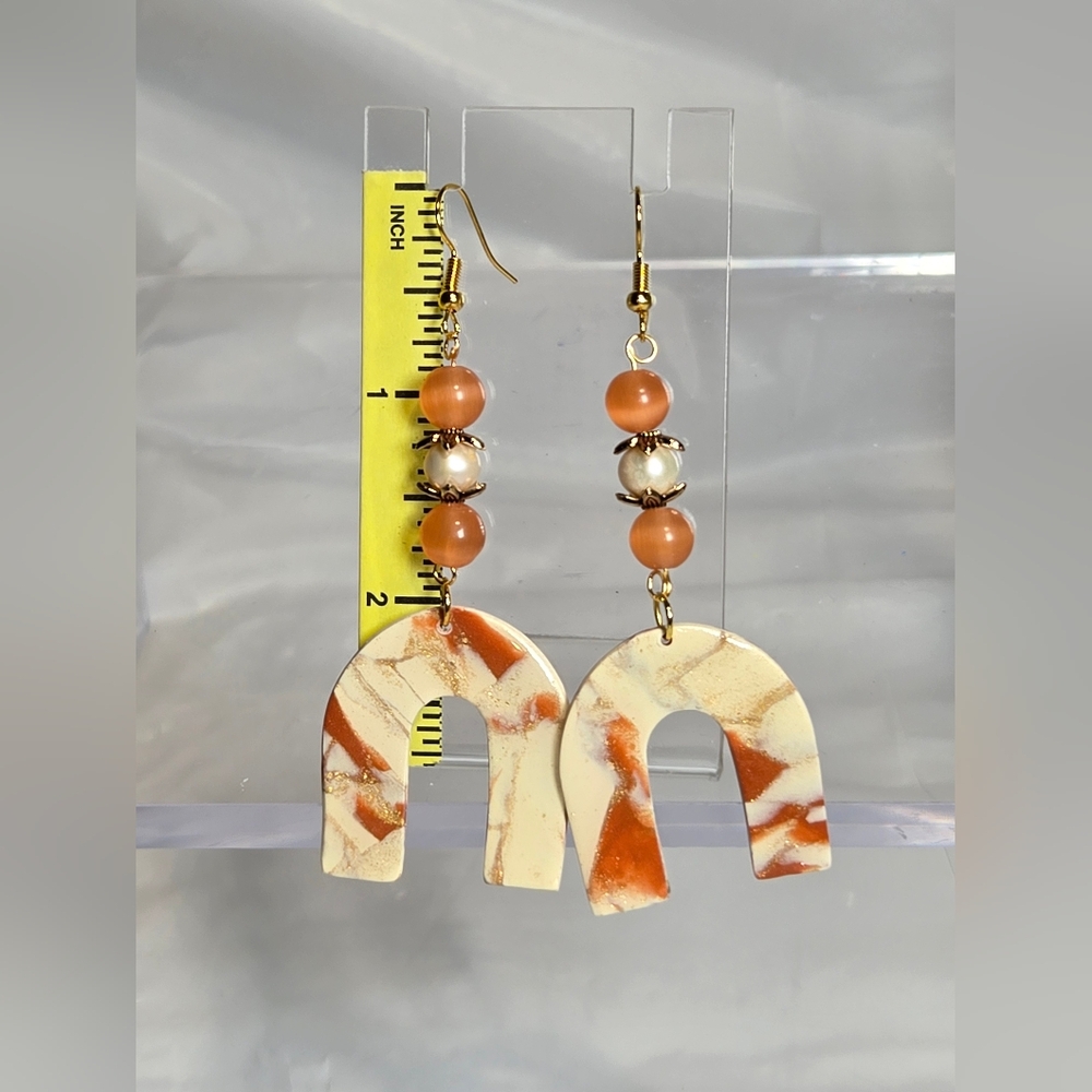 #B263- Handmade Cream and Cinnamon Arch Earrings with Pearls - Picture 2 of 5